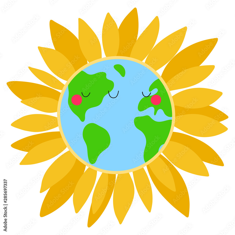 Planet Earth - cute vector illustration. Blue planet with Sunflower petals. Cartoon Happy Earth Day background.