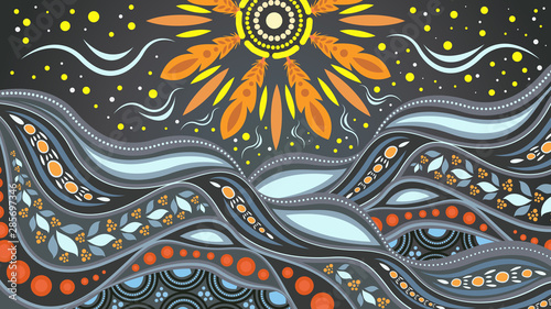Nature concept, Aboriginal dot art vector painting depicting mountain