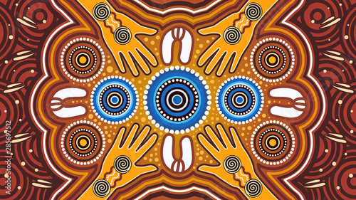 Aboriginal art vector painting. Meeting and unity concept