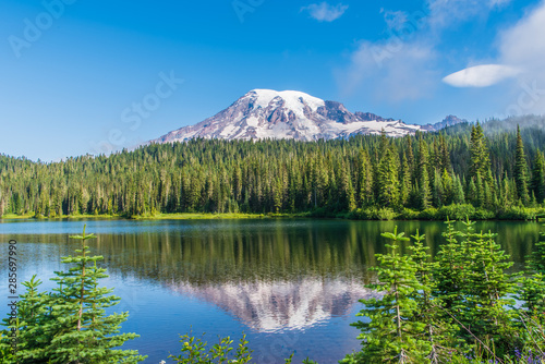 Landscape of South Face of Mount Rainier from Reflection Lake on Stevens Canyon Road in Mount Rainier National Park-2462-HDR