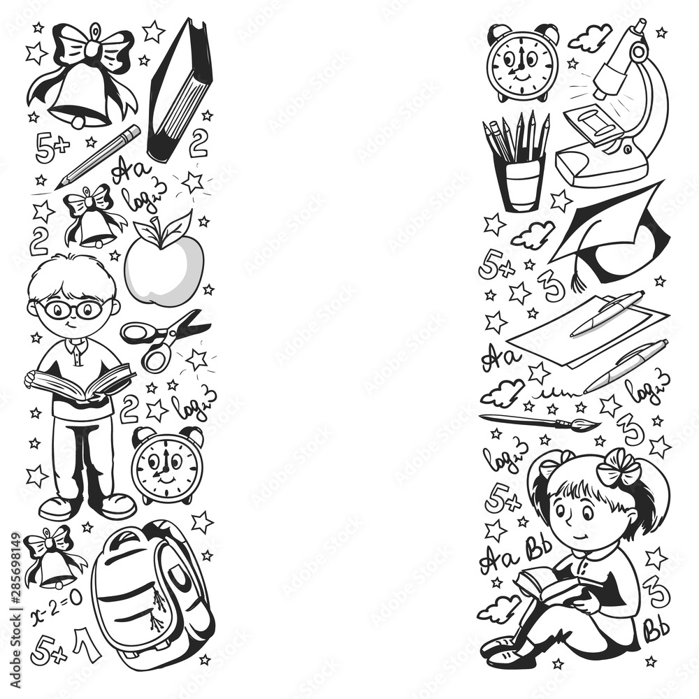Fototapeta premium Back to School. Vector pattern with icons and children.