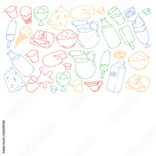 Vector pattern with icons of milk, butter,cottage cheese, sour cream, cheese, yogurt, ice cream, cream. Collection of dairy products.