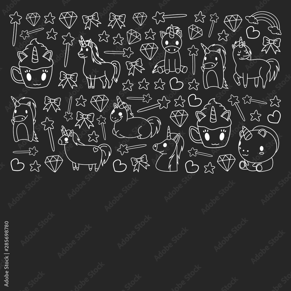 Children pattern with fairy tale unicors for kids clothes, posters, banners, shirts. Vector image with cartoon character.