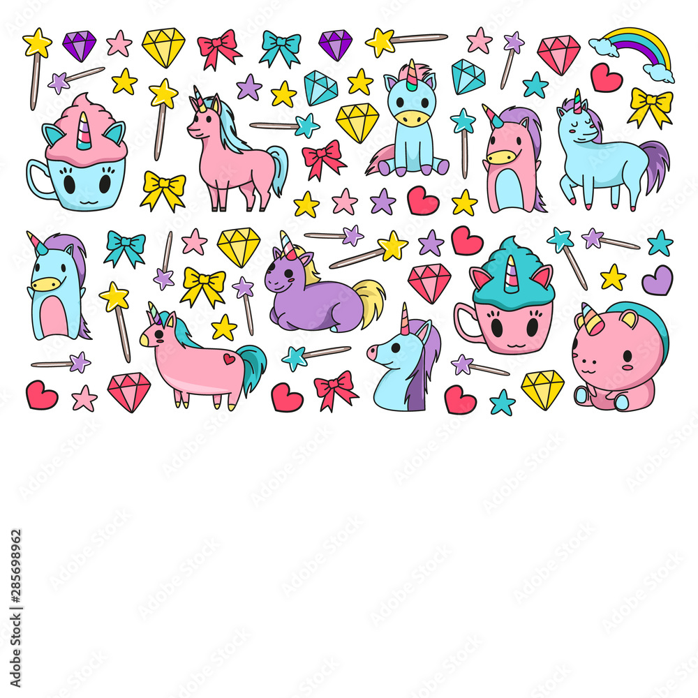 Children pattern with fairy tale unicors for kids clothes, posters, banners, shirts. Vector image with cartoon character. Children pattern with fairy tale unicors for kids clothes, posters, banners, shirts. Vector image with cartoon character.