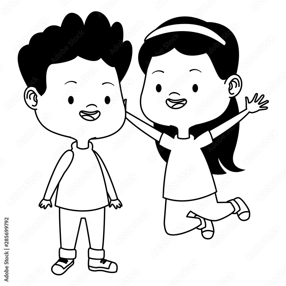 Cute happy kids having fun cartoons in black and white Cute happy kids having fun cartoons in black and white