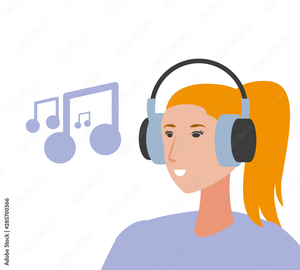 cute young woman with earphones and music note cute young woman with earphones and music note