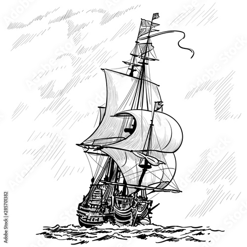 Sailing Ship vintage frigate on the waves. 