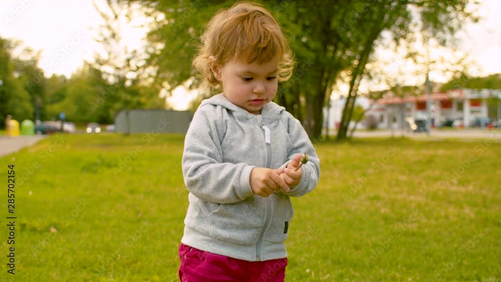 Little girl with a faded dandelion in her hands in the park Little girl with a faded dandelion in her hands in the park