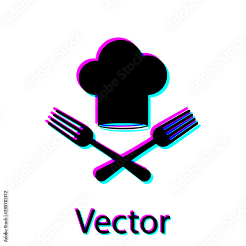 Black Chef hat and crossed fork icon isolated on white background. Cooking symbol. Restaurant menu. Cooks hat. Vector Illustration