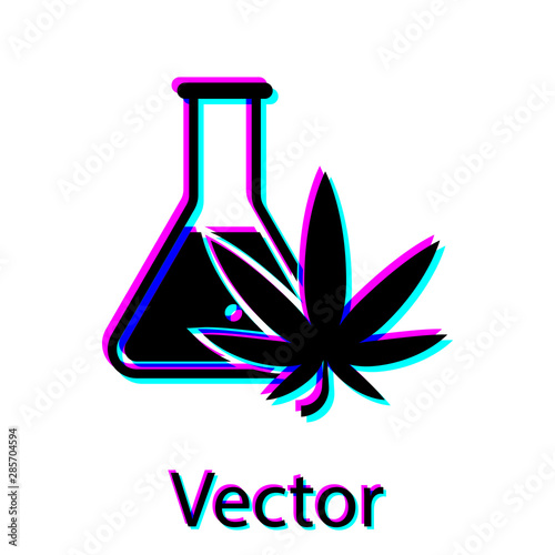 Black Chemical test tube with marijuana or cannabis leaf icon isolated on white background. Research concept. Laboratory CBD oil concept. Vector Illustration