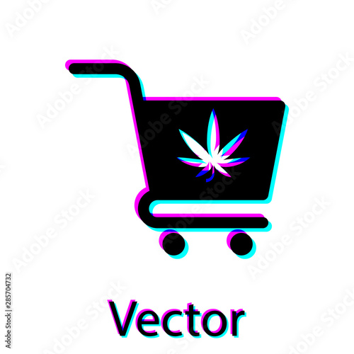 Black Shopping cart with marijuana or cannabis leaf icon isolated on white background. Online buying. Delivery service. Supermarket basket. Vector Illustration