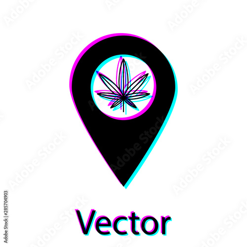 Black Map pointer and marijuana or cannabis leaf icon isolated on white background. Hemp symbol. Vector Illustration