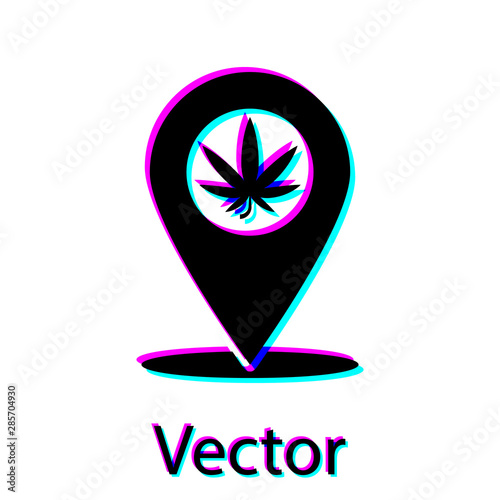 Black Map pointer and marijuana or cannabis leaf icon isolated on white background. Hemp symbol. Vector Illustration
