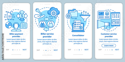 Billing services onboarding mobile app page screen with linear concepts. Biller payment, advice provider. Four walkthrough steps graphic instructions. UX, UI, GUI vector template with illustrations