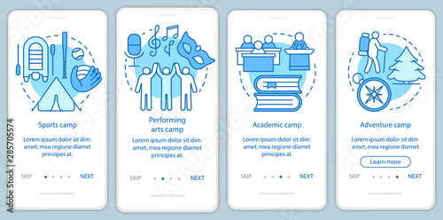 Interest, hobby camps onboarding mobile app page screen with linear concepts. Talent club, community walkthrough steps graphic instructions. UX, UI, GUI vector template with illustrations