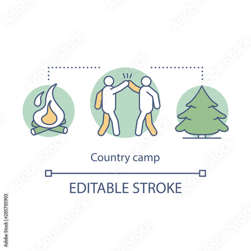 Country hiking camp concept icon. Summer camping club, holiday resort idea thin line illustration. Travelling in woods, backpacking in forest. Vector isolated outline drawing. Editable stroke