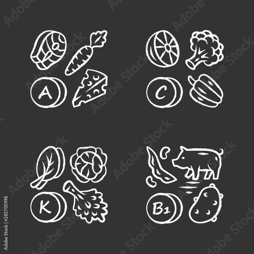 Vitamins chalk icons set. A, C, B1, K vitamins natural food source. Vegetables, edible greens, dairy products. Proper nutrition. Minerals, antioxidants. Isolated vector chalkboard illustrations