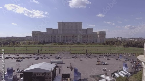 Rising aerial of the Palace of the Parliament in Bucharest, Romania. photo