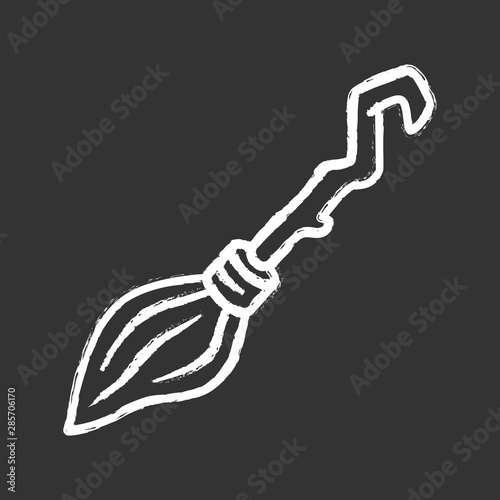 Witch broomstick chalk icon. Magical broom stick for hag, sorceress. Halloween magic item. Flying wooden broom, besom. Witchcraft & sorcery tool. Isolated vector chalkboard illustration