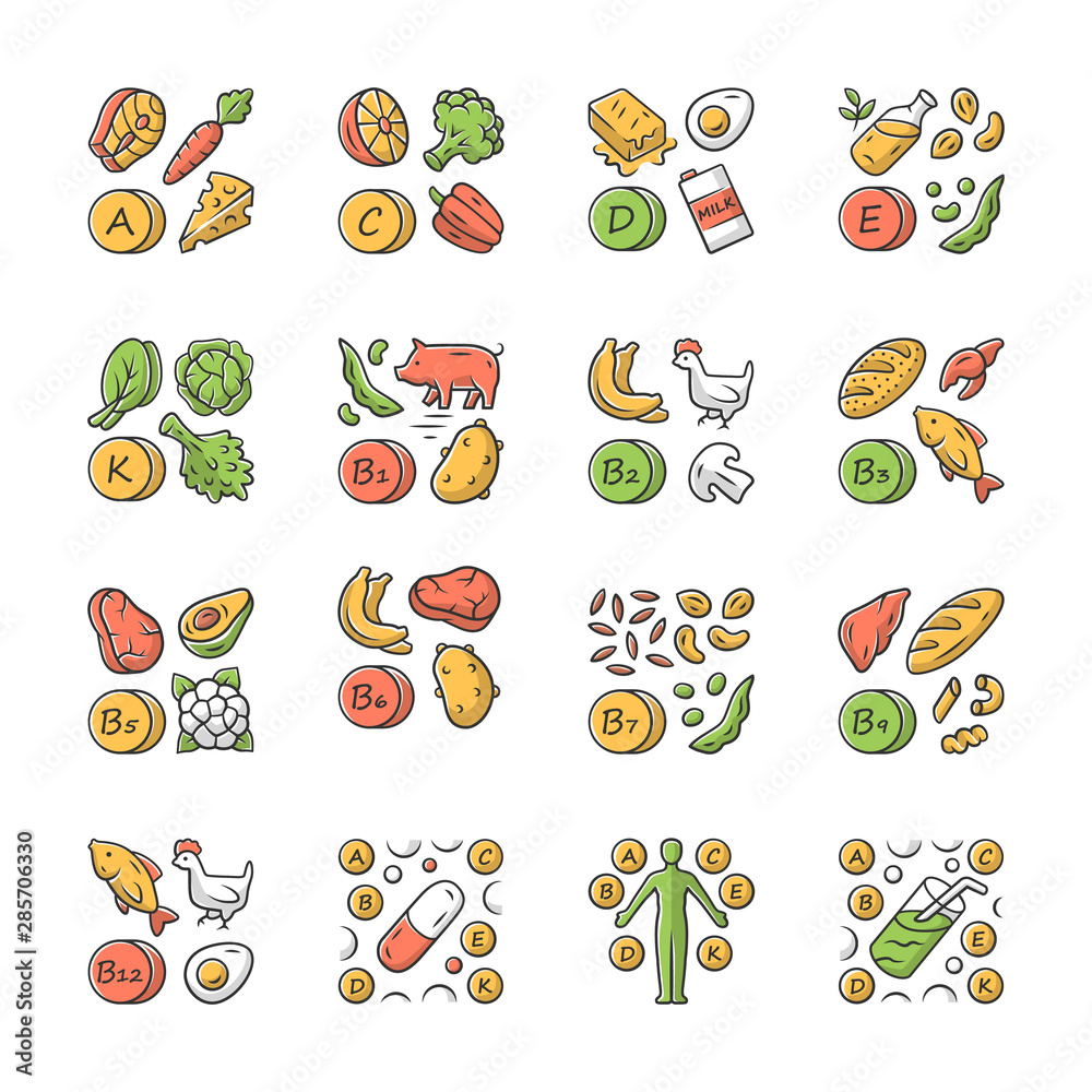 Vitamins color icons set. A, C, D, E, K, B natural food source. Vitamin pill, complex, cocktail. Fruits and vegetables. Proper nutrition. Minerals, antioxidants. Isolated vector illustrations Vitamins color icons set. A, C, D, E, K, B natural food source. Vitamin pill, complex, cocktail. Fruits and vegetables. Proper nutrition. Minerals, antioxidants. Isolated vector illustrations