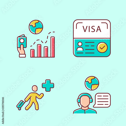 Immigration color icons set. Migration rate, start up visa. Humanitarian immigrant, travel consultant. Trip advisor. Tourist document. Travelling abroad. Isolated vector illustrations