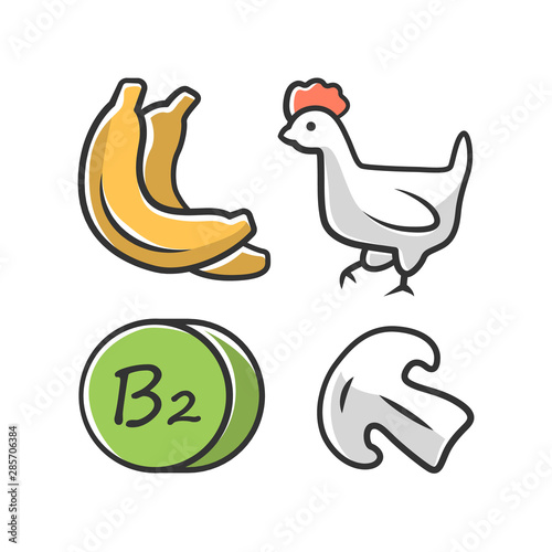 Vitamin B2 color icon. Bananas, poultry and mushroom. Healthy eating. Riboflavin natural food source. Proper nutrition. Fruits, meat products. Minerals, antioxidants. Isolated vector illustration