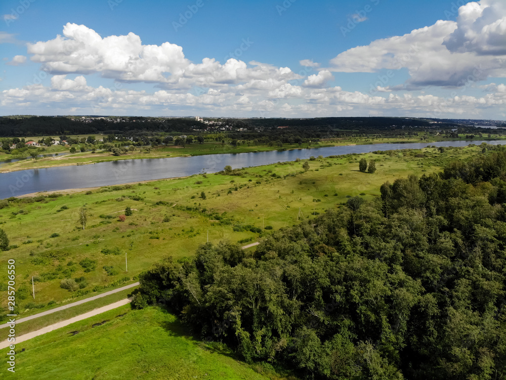 Nemunas and Nevezis rivers confluence in Lithuania. Aerial view