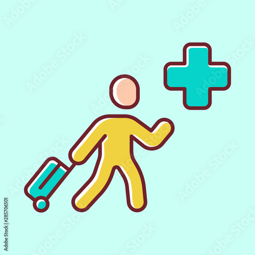 Humanitarian immigrant yellow color icon. Refugee help, migrant protection. Emigrant with baggage. Travelling abroad. Migrant crisis. War victim evacuation. Isolated vector illustration