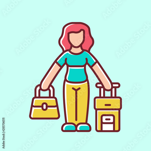 Immigrant woman yellow color icon. Traveler, holidaymaker, passenger with handbag and suitcase. Travelling abroad. Tourist trip. Immigration. Holiday, tourism. Isolated vector illustration