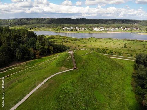 Aerial view of Pypliai mound in Kacergine town, Lithuania