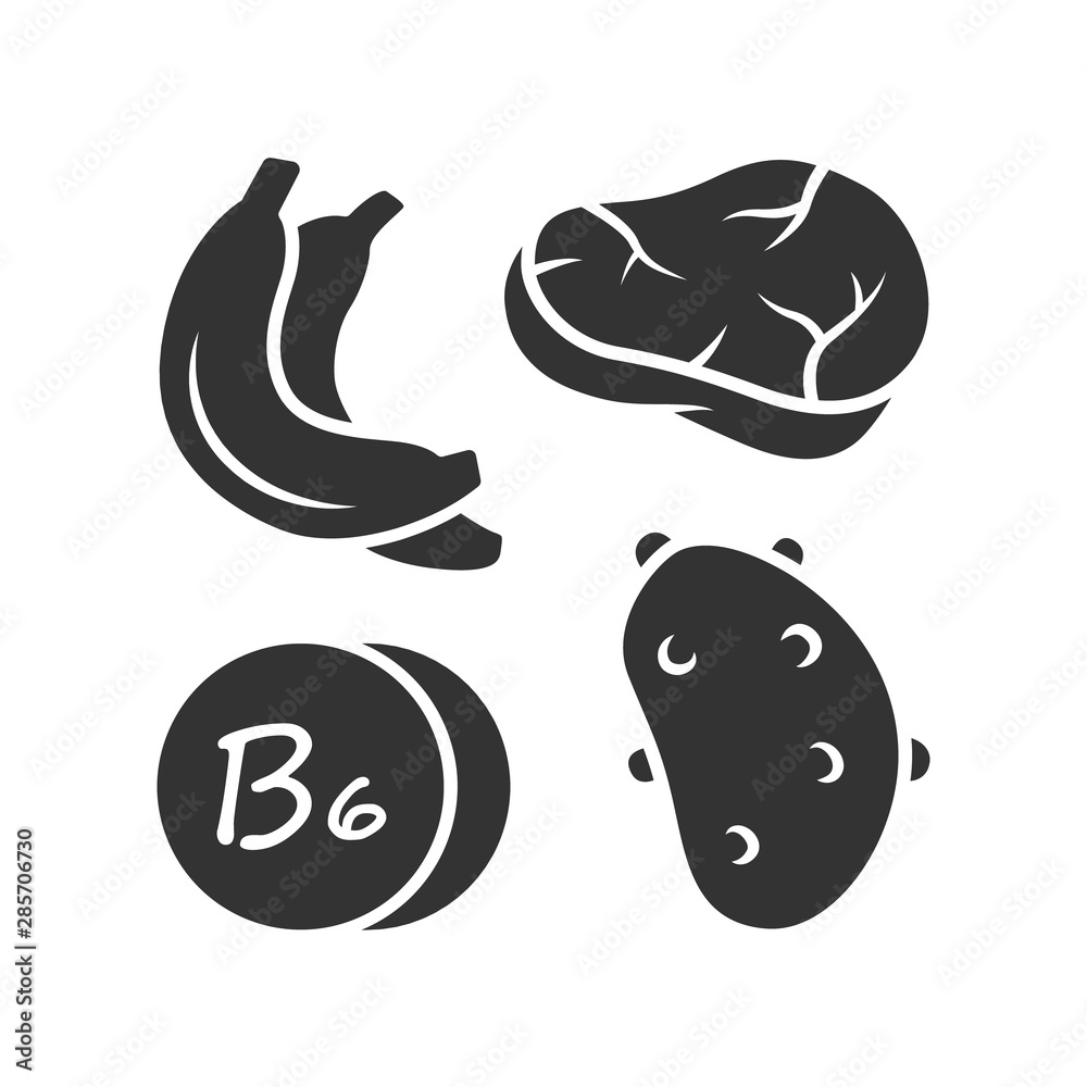 Vitamin B6 glyph icon. Meat, banana and potato. Healthy eating. Pyridoxine natural food source. Proper nutrition. Mineral, antioxidants. Silhouette symbol. Negative space. Vector isolated illustration
