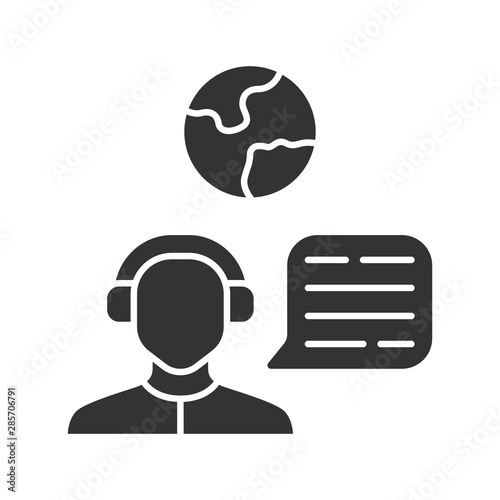 Immigration consultant glyph icon. Online support, hotline operator, Office, help desk worker, dispatcher. Travel agent. Trip advisor. Silhouette symbol. Negative space. Vector isolated illustration