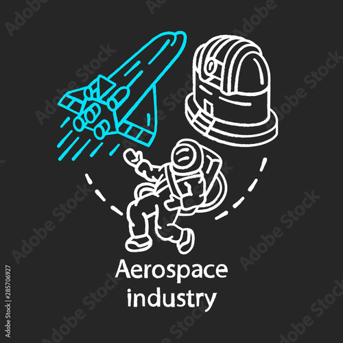 Aerospace industry chalk concept icon. Space exploration. Spacecraft, cosmonaut, observatory. Cosmos exploring. Astronautics idea. Vector isolated chalkboard illustration