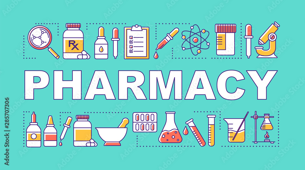 Pharmacy word concepts banner. Preparation and sale of drugs. Pharmaceutical industry. Presentation, website. Isolated lettering typography idea with linear icons. Vector outline illustration
