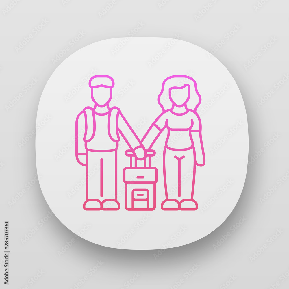 Family class immigrants app icon. Couple travel abroad with suitcase. Family vacation, tourism. Tourists, travelers. UI/UX user interface. Web or mobile applications. Vector isolated illustrations Family class immigrants app icon. Couple travel abroad with suitcase. Family vacation, tourism. Tourists, travelers. UI/UX user interface. Web or mobile applications. Vector isolated illustrations