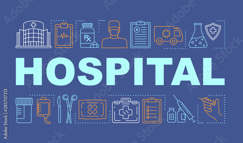 Hospital word concepts banner. Medical services. Therapy, surgery, treatment. Presentation, website. Isolated lettering typography idea with linear icons. Vector outline illustration