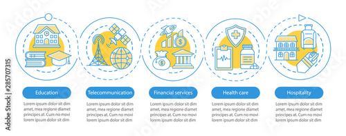 Services Industry vector infographic template. Business presentation design elements. Data visualization with five steps and options. Process timeline chart. Workflow layout with linear icons