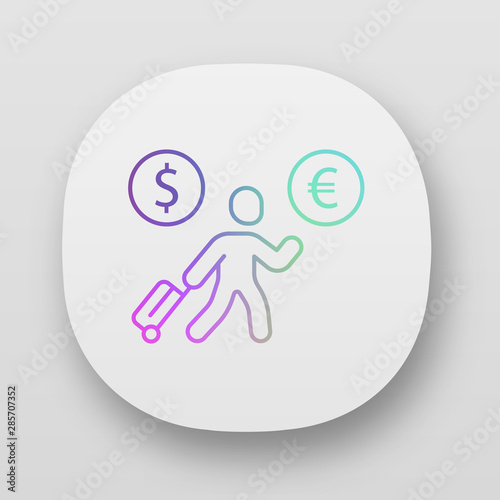 Economic migrant app icon. Person searching new home. Business immigrant. Refugee with luggage. Travelling abroad. UI/UX user interface. Web or mobile applications. Vector isolated illustrations
