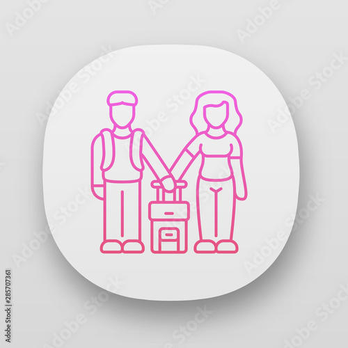 Family class immigrants app icon. Couple travel abroad with suitcase. Family vacation, tourism. Tourists, travelers. UI/UX user interface. Web or mobile applications. Vector isolated illustrations