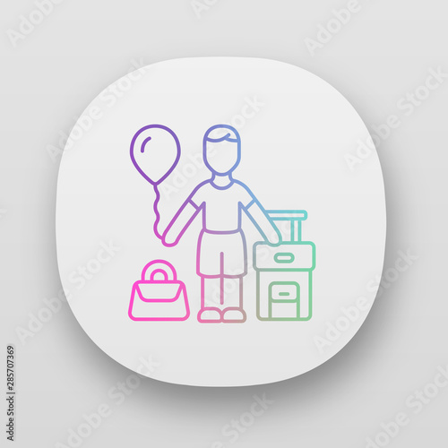 Immigrant child app icon. Kid travel abroad. Tourist holiday. Traveler with air balloon, carry on handbag and suitcase. UI/UX user interface. Web or mobile applications. Vector isolated illustrations