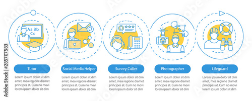 Part-time jobs vector infographic template. Tutor, photographer. Business presentation design elements. Data visualization with five steps. Process timeline chart. Workflow layout with linear icons
