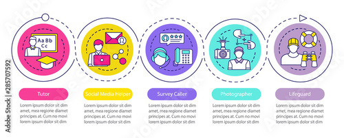 Part-time jobs vector infographic template. Tutor, lifeguard. Business presentation design elements. Data visualization with five options. Process timeline chart. Workflow layout with linear icons