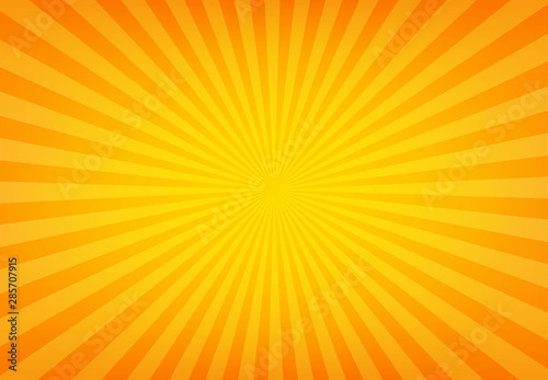 Sunbeam abstract background. Symmetrical radial yellow and orange sun rays. Ornamental manga pattern. Summer poster. Flat style line texture. Vector illustration