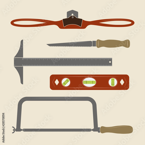 Construction tools icons. T-square, level, drywall saw, hacksaw, spokeshave. 