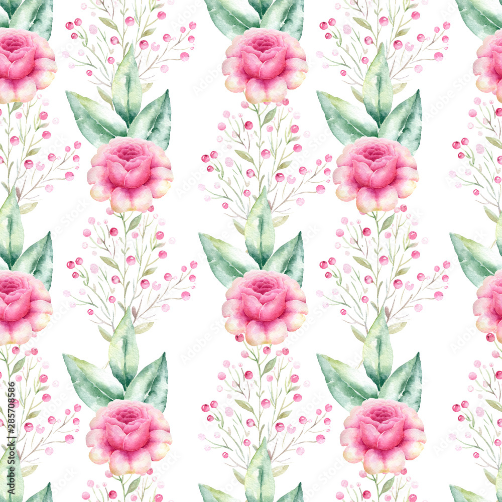 Watercolor hand painted seamless pattern of pink roses and green leaves.
