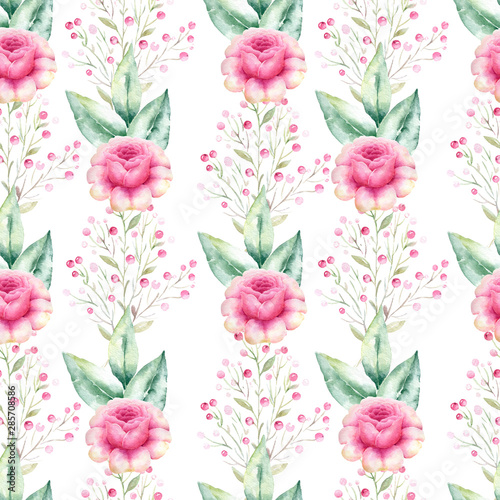 Watercolor hand painted seamless pattern of pink roses and green leaves.