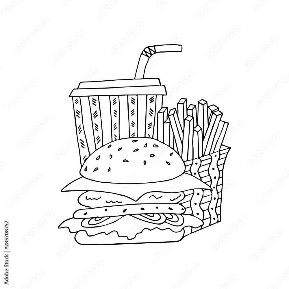 Burger, French fries and drink in paper cup. Hand drawn coloring page ...