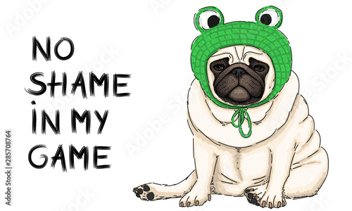 hand drawn vector illustration of cute cool pug puppy dog, sitting down with green crochet frog bonnet and text no shame in my game