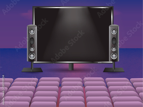 Vector illustrationn. Open air cinema on a summer meadow with empty seats.