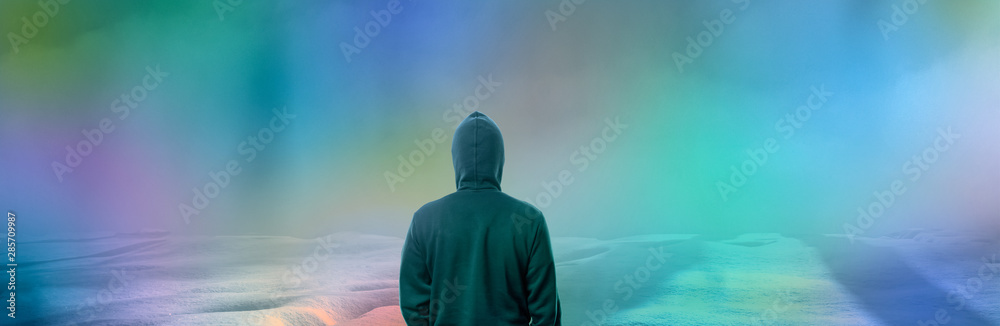 the guy in the hoodie view from the back, man looking at stylized northern lights, concept welcome winter the guy in the hoodie view from the back, man looking at stylized northern lights, concept welcome winter